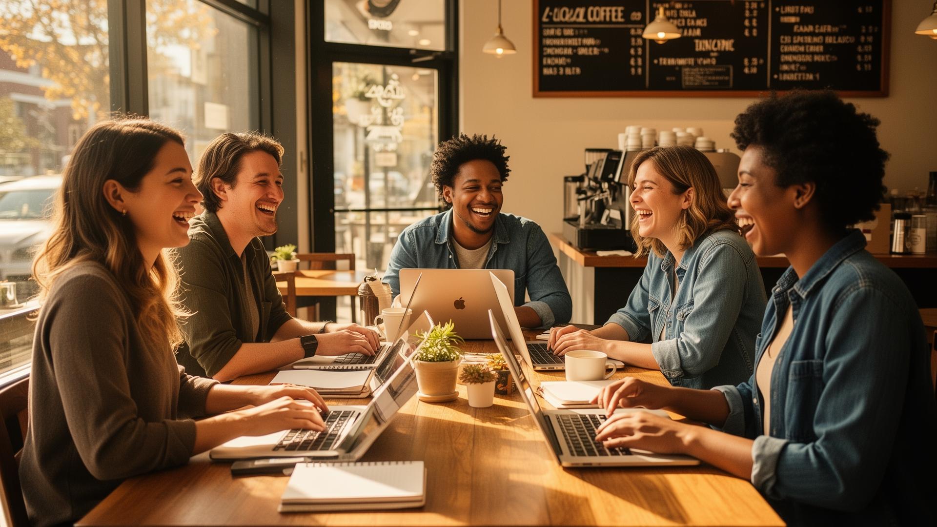 A small cohort of business owners working together around a sunlit cafe table