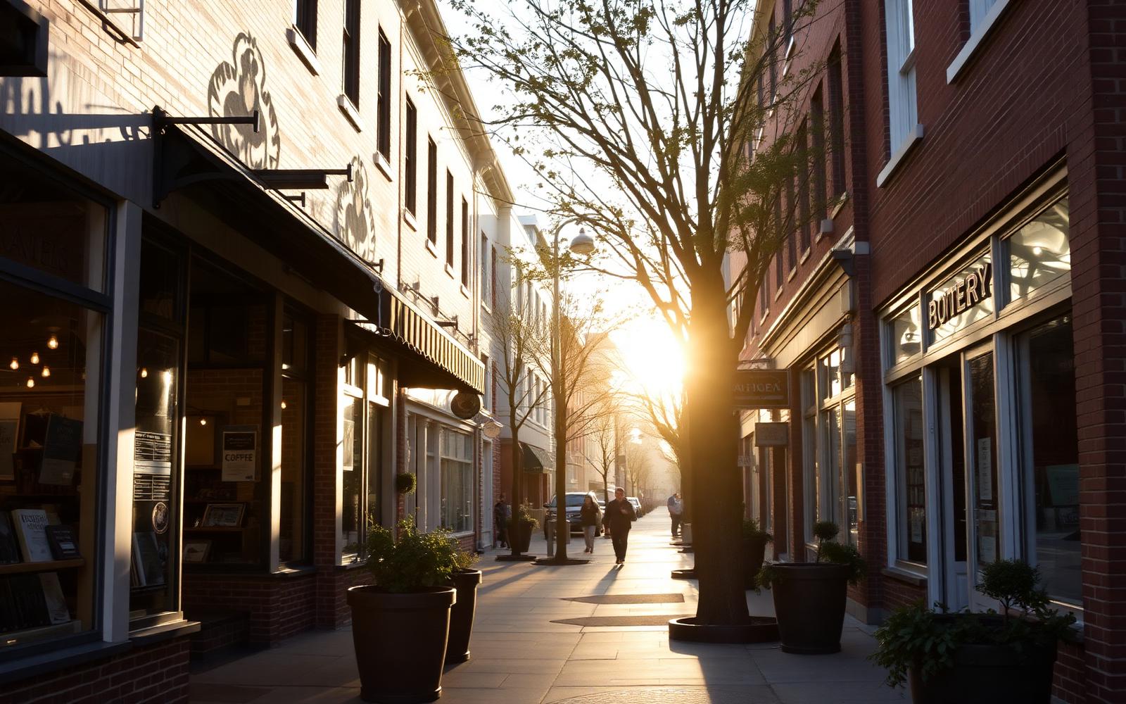 Main Street at golden hour with independent storefronts