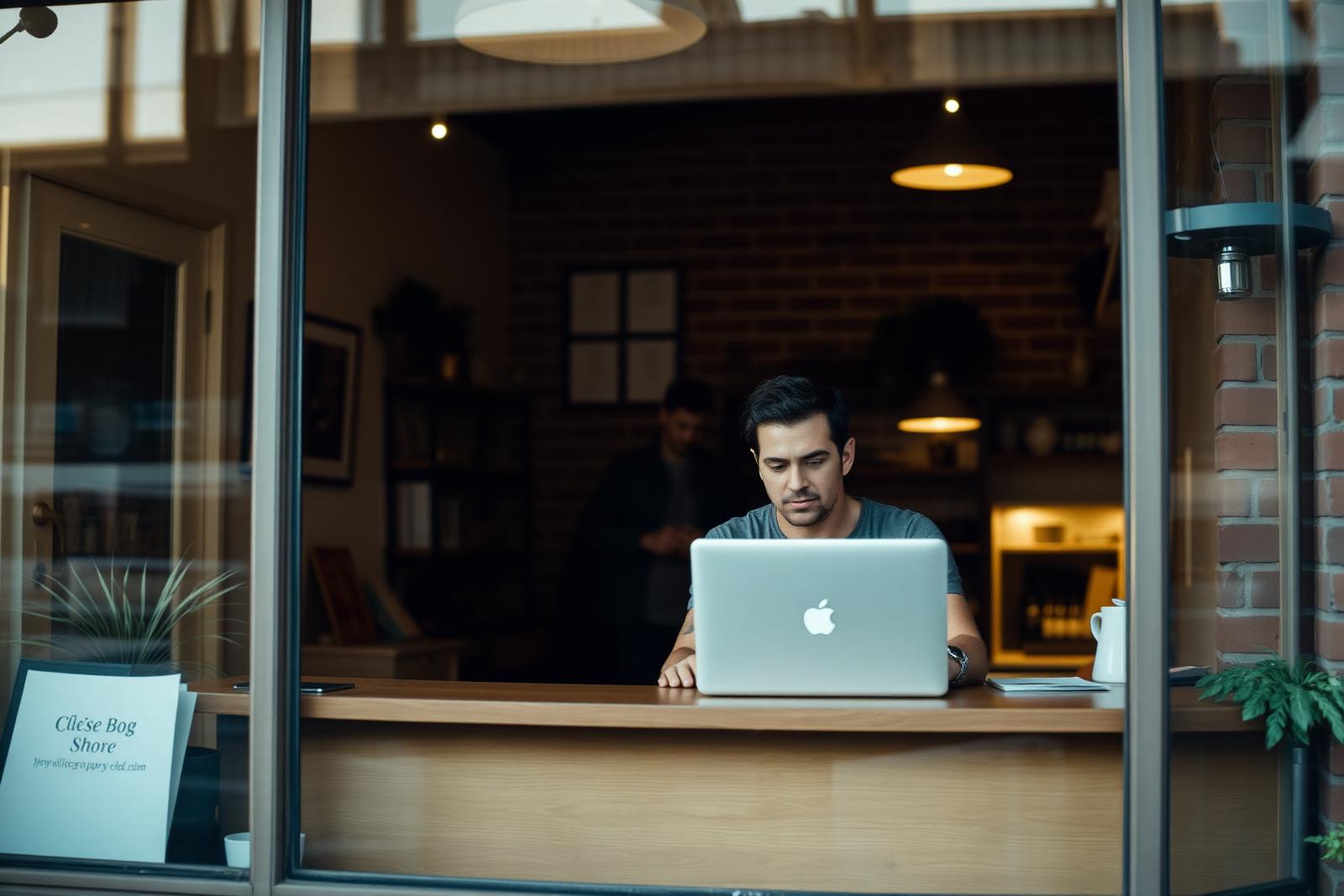 A Main Street owner working on a laptop inside a warm brick storefront