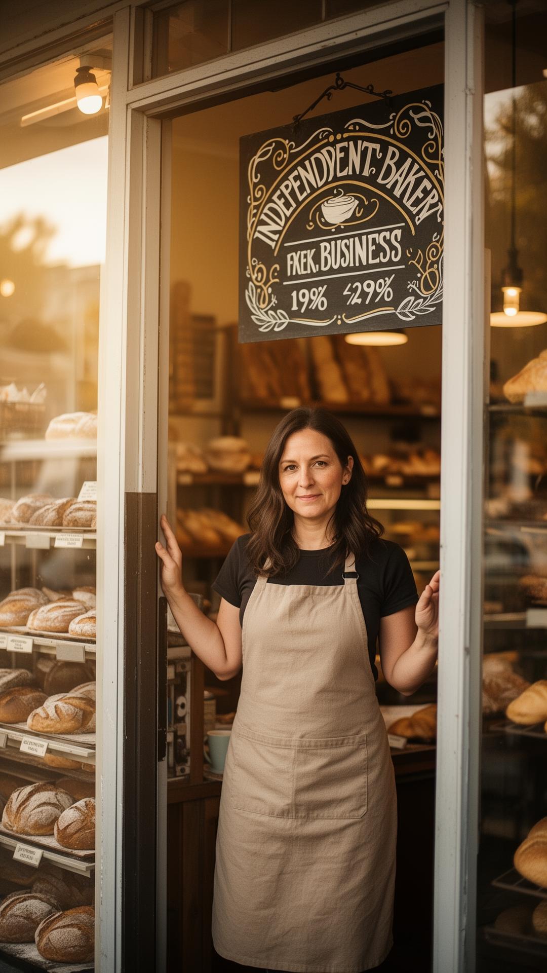 Independent bakery owner in her doorway